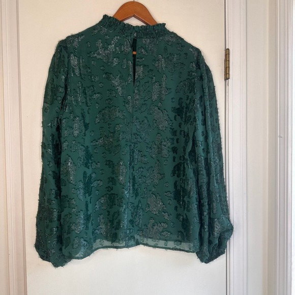 Mello Day Green Sheer Metallic Burnout Blouse Ruffle Mock Neck Long Sleeve Top - Picture 5 of 11
